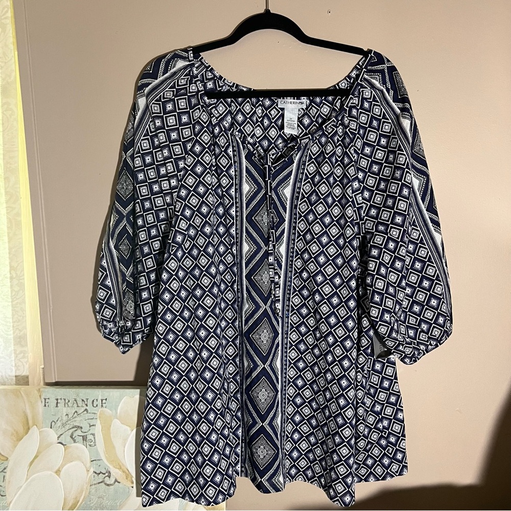 Catherines Womens Top Size 2X Navy Blue White Peasant Sequin Argyle 3/4 Sleeve